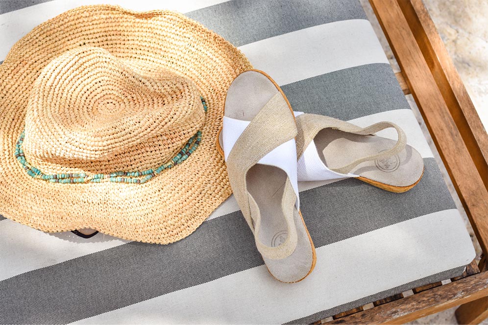 tan wedge sandals with sunhat