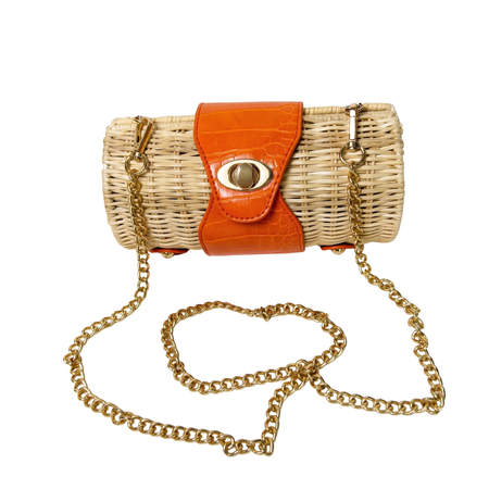 Wicker handbag with orange leather flap and gold chain strap on a white background | Orange